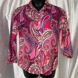 Gomorn Paisley Pink Barbiecore Button Up Long Sleeve Stretch Blouse Women’s M